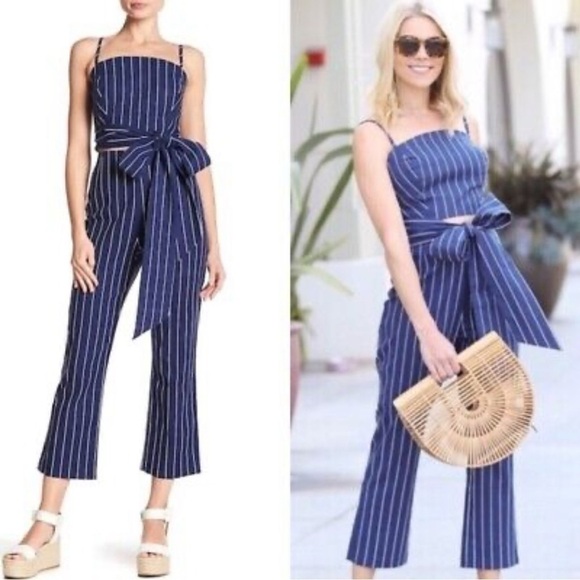 WAYF Pisa High Waist Navy Striped Crop Pants in Navy Medium - Picture 1 of 8